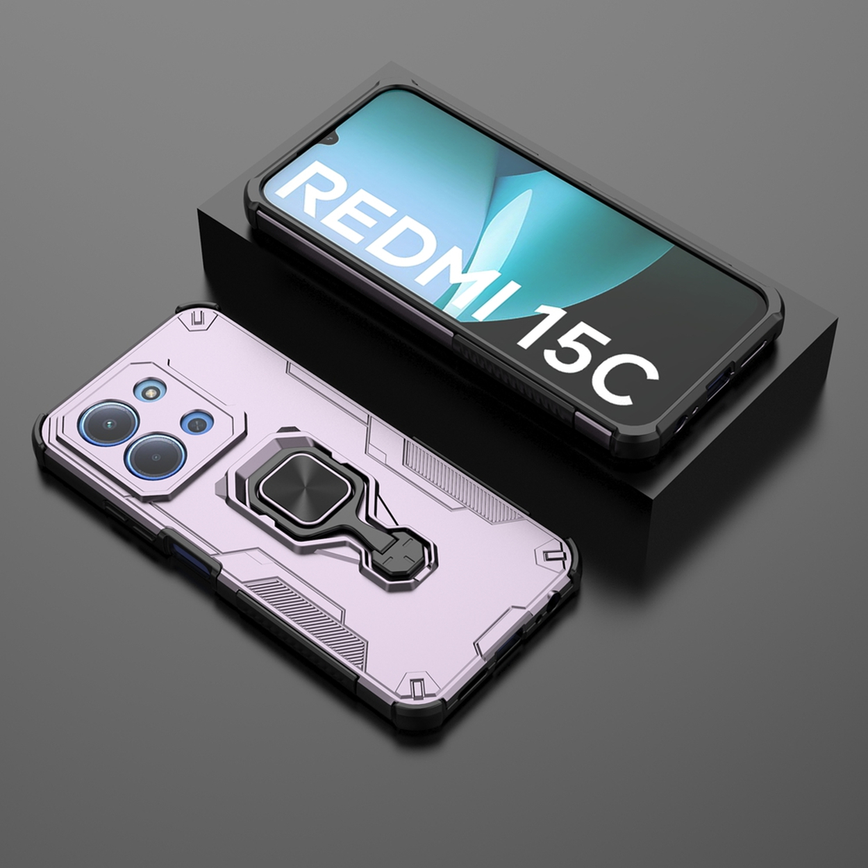 Twee telefoonhoesjes. Eén telefoon toont 'REDMI 15C'. Eén hoesje is lila, met een ringhouder. Het andere hoesje is zwart.