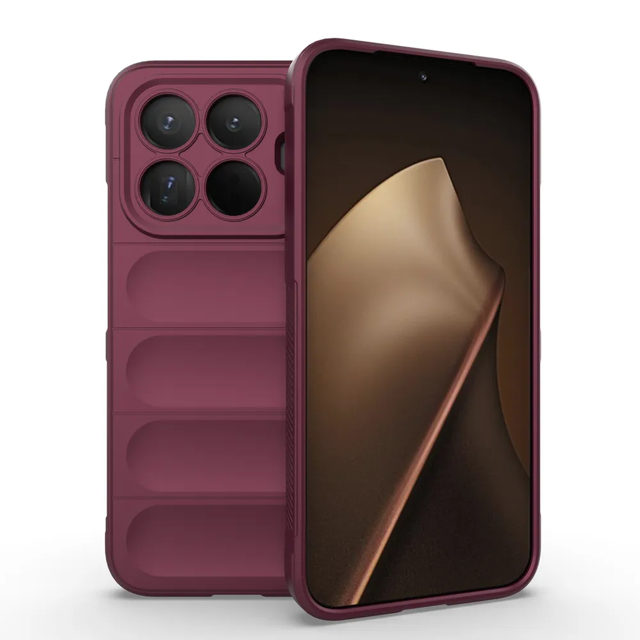 Een bordeauxrode telefoonhoes met een telefoon. De hoes heeft een camerabult met vier lenzen en een geribbelde achterkant. Het telefoonscherm is zichtbaar.