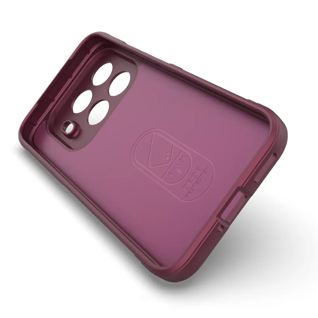 Een bordeauxrode telefoonhoes met uitsparingen voor camera en knoppen. Het heeft het 'Drop Protection'-logo en ligt op een wit oppervlak.