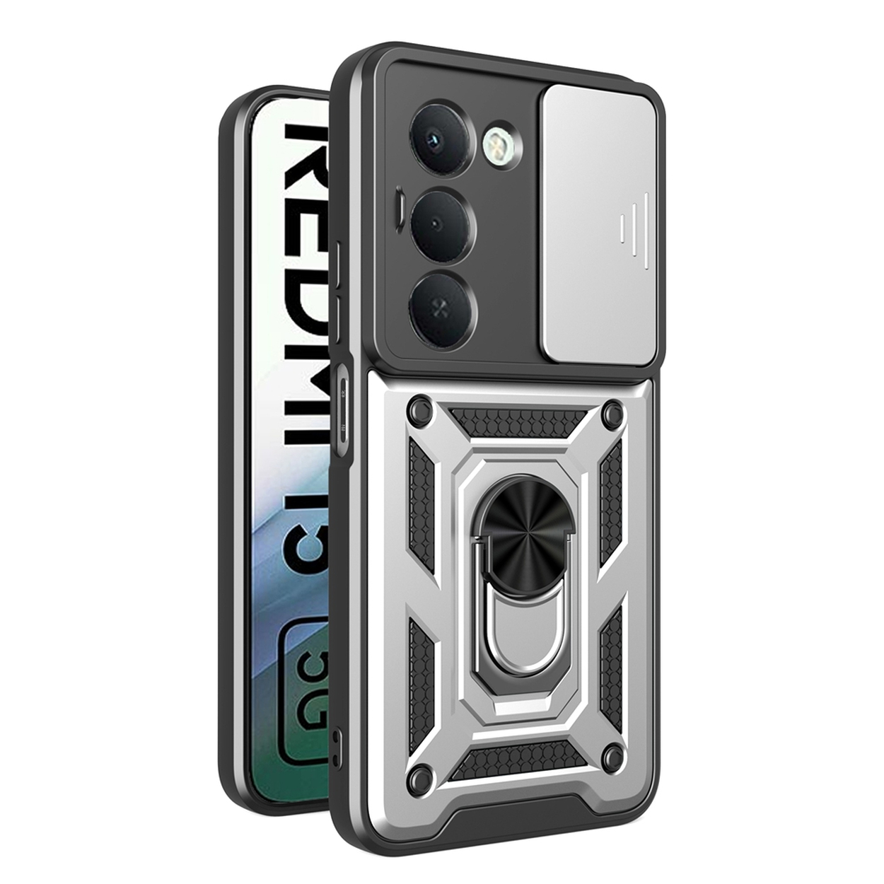Een telefoonhoesje met een zilver en zwart ontwerp. Het heeft een ringhouder en camerabescherming. Het scherm toont 'REDMI 13C'.