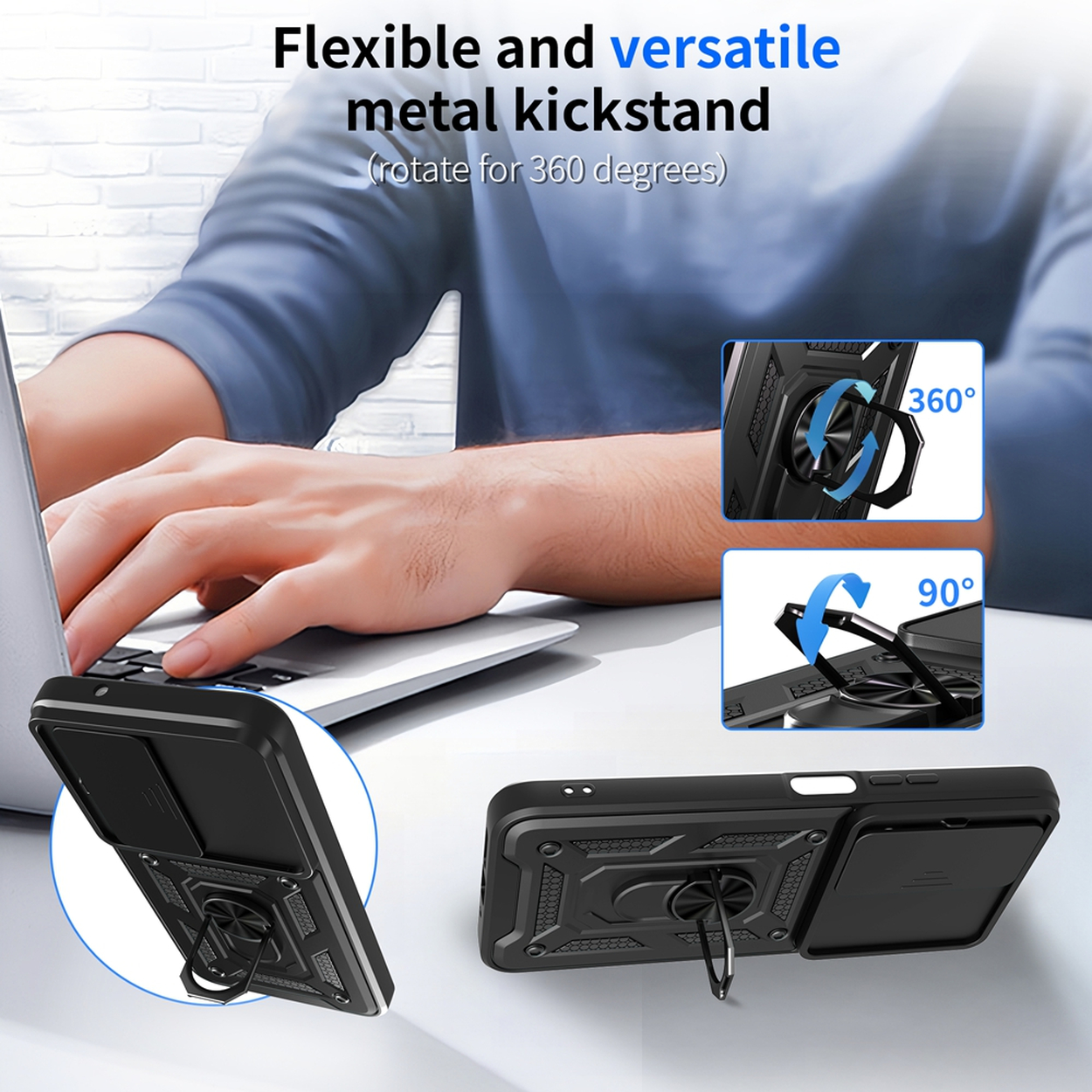 Een zwarte telefoonhoes met een metalen kickstand wordt getoond. Het heeft een ringhouder en kan 360 graden draaien. Een persoon gebruikt een laptop.