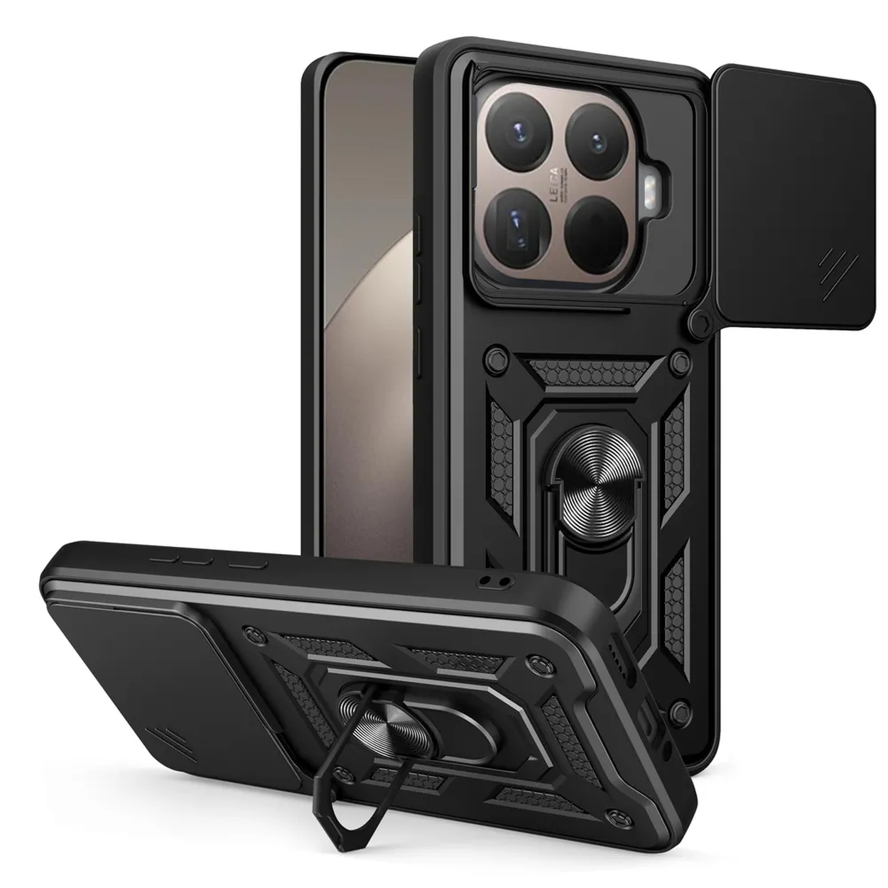 Zwarte telefoonhoes met camerabescherming en ringstandaard. Beschikt over een schuifafdekking voor de cameralenzen. De hoes is schuin.