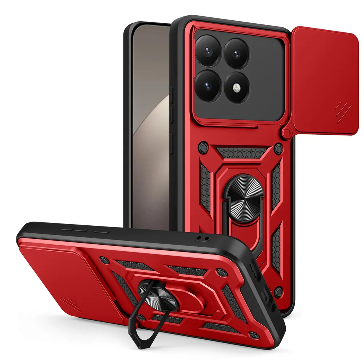 Un étui de téléphone rouge et noir avec un cache caméra et un support de bague est présenté. Deux étuis sont affichés sous différents angles.