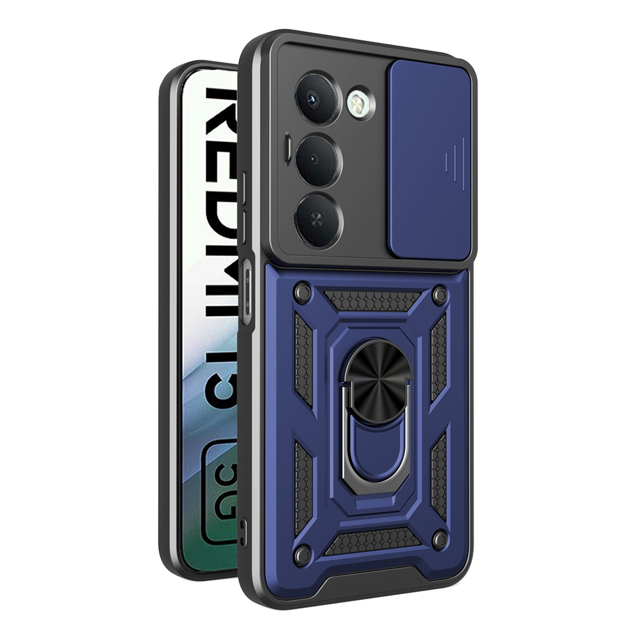 Een blauwe en zwarte telefoonhoes met een ringhouder. De hoes heeft uitsparingen voor de camera en een schuifklep.