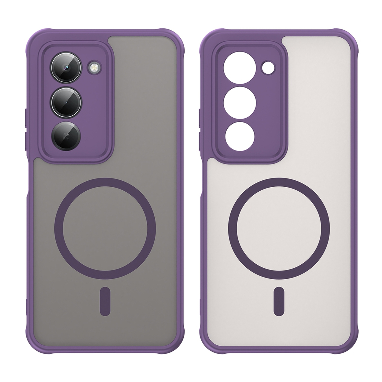 Twee telefoonhoesjes. Elk heeft een paars frame en camera-gebied. Eén is grijs, de andere wit. Beide hebben een cirkel.