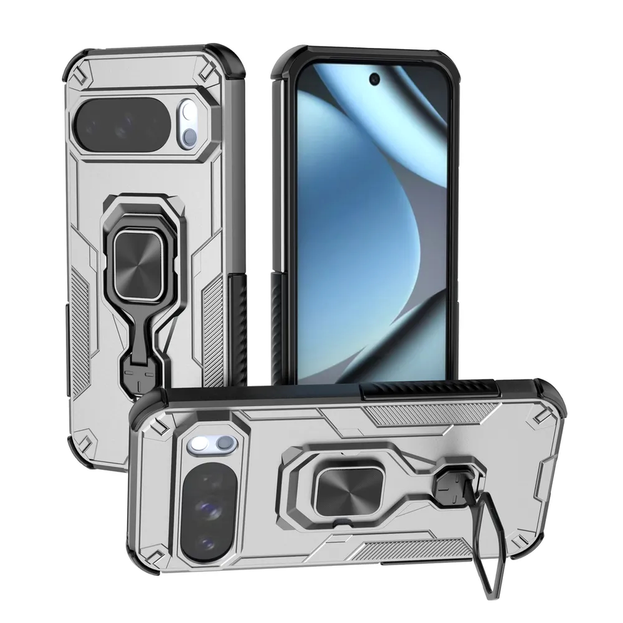 Zilveren telefoonhoesjes met zwarte accenten worden getoond. Elke hoes heeft een ringhouder en camera-uitsparingen. Een hoesje bevat een telefoon.