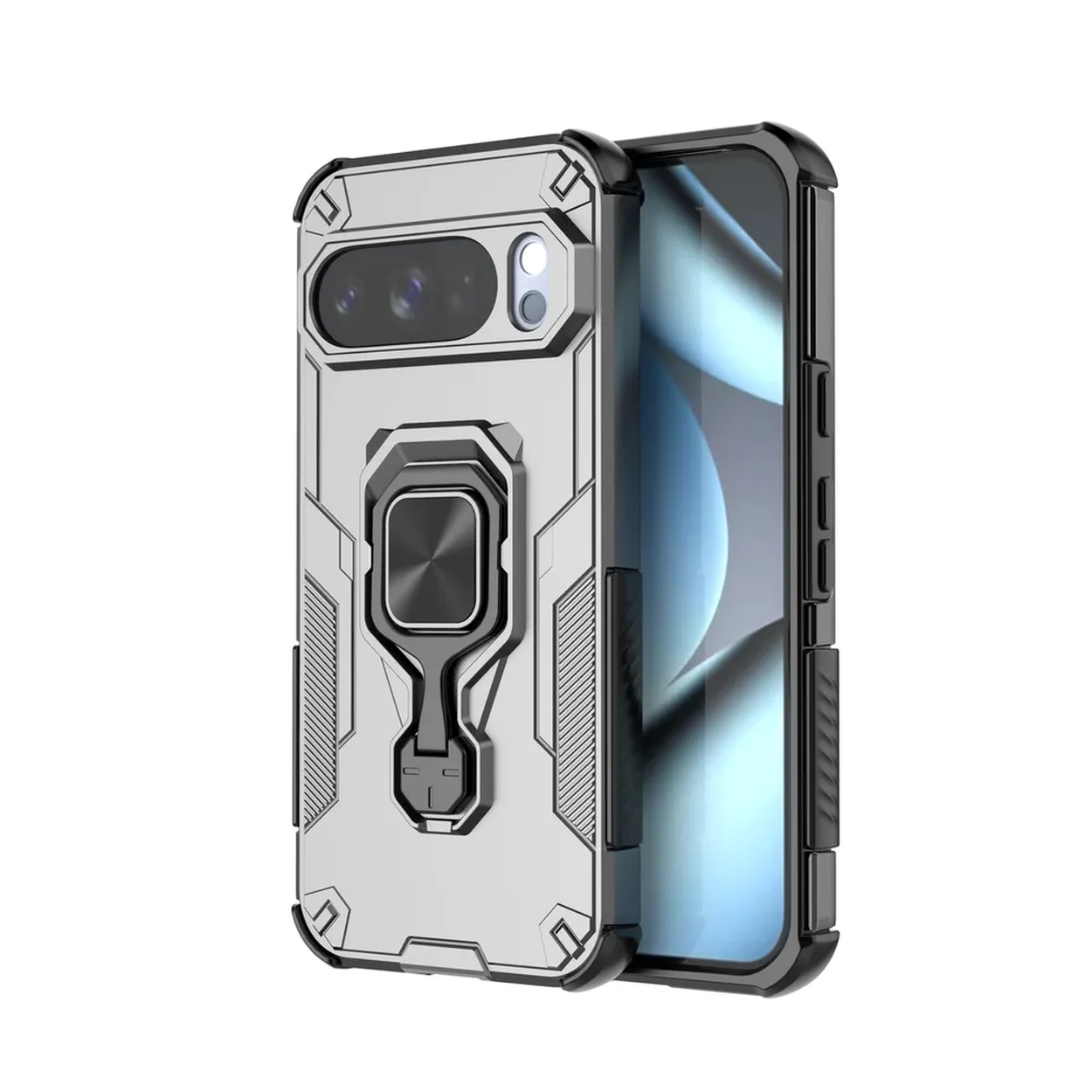 Een zilveren telefoonhoesje met een zwart frame en een ringhouder. Een telefoon is zichtbaar achter de hoes. De achtergrond is wit.