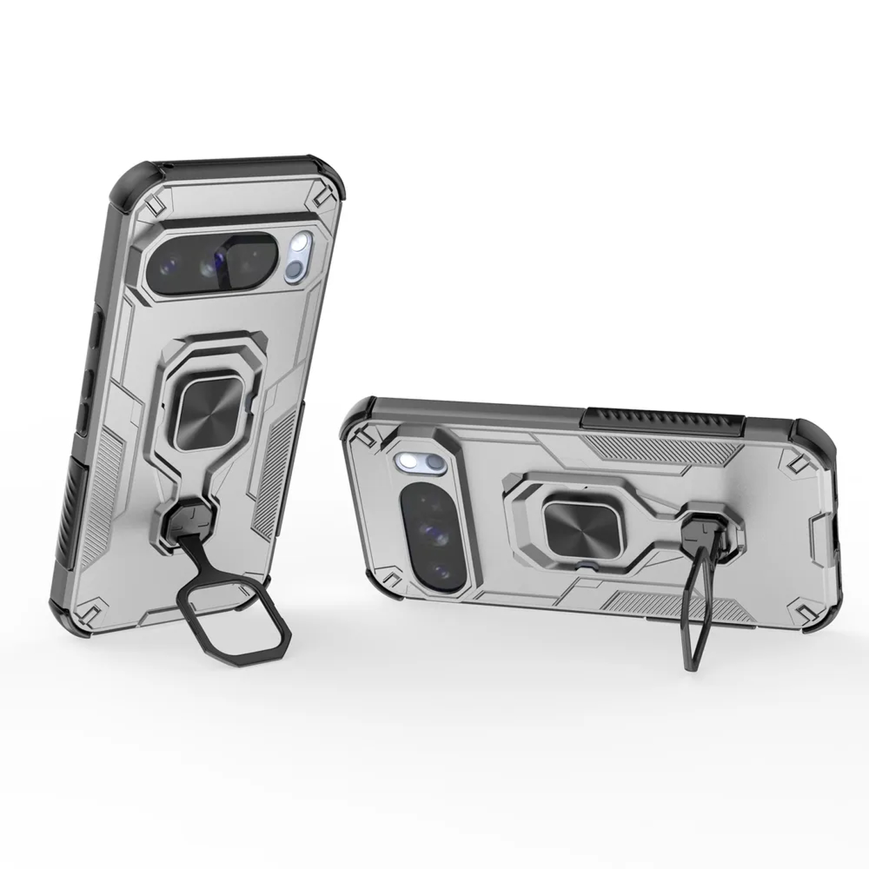 Twee zilver-zwarte telefoonhoesjes op een witte achtergrond. Eén staat rechtop, de ander ligt, beide met ringhouders.
