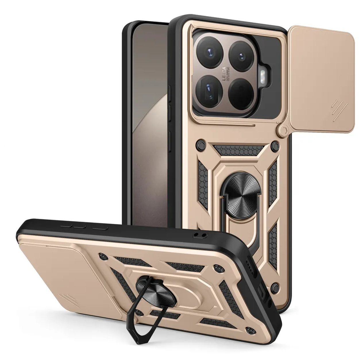 Un étui de téléphone en or et noir, avec un cache caméra, un support de bague et un design géométrique. Deux étuis sont présentés, un ouvert.
