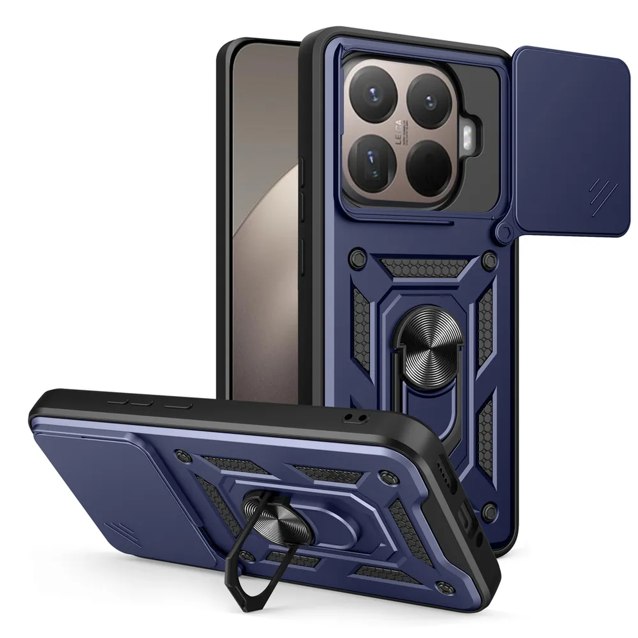 Trois étuis de téléphone bleus avec des accents noirs. Un est debout, deux sont couchés. Chacun a un protecteur d'appareil photo et un anneau.