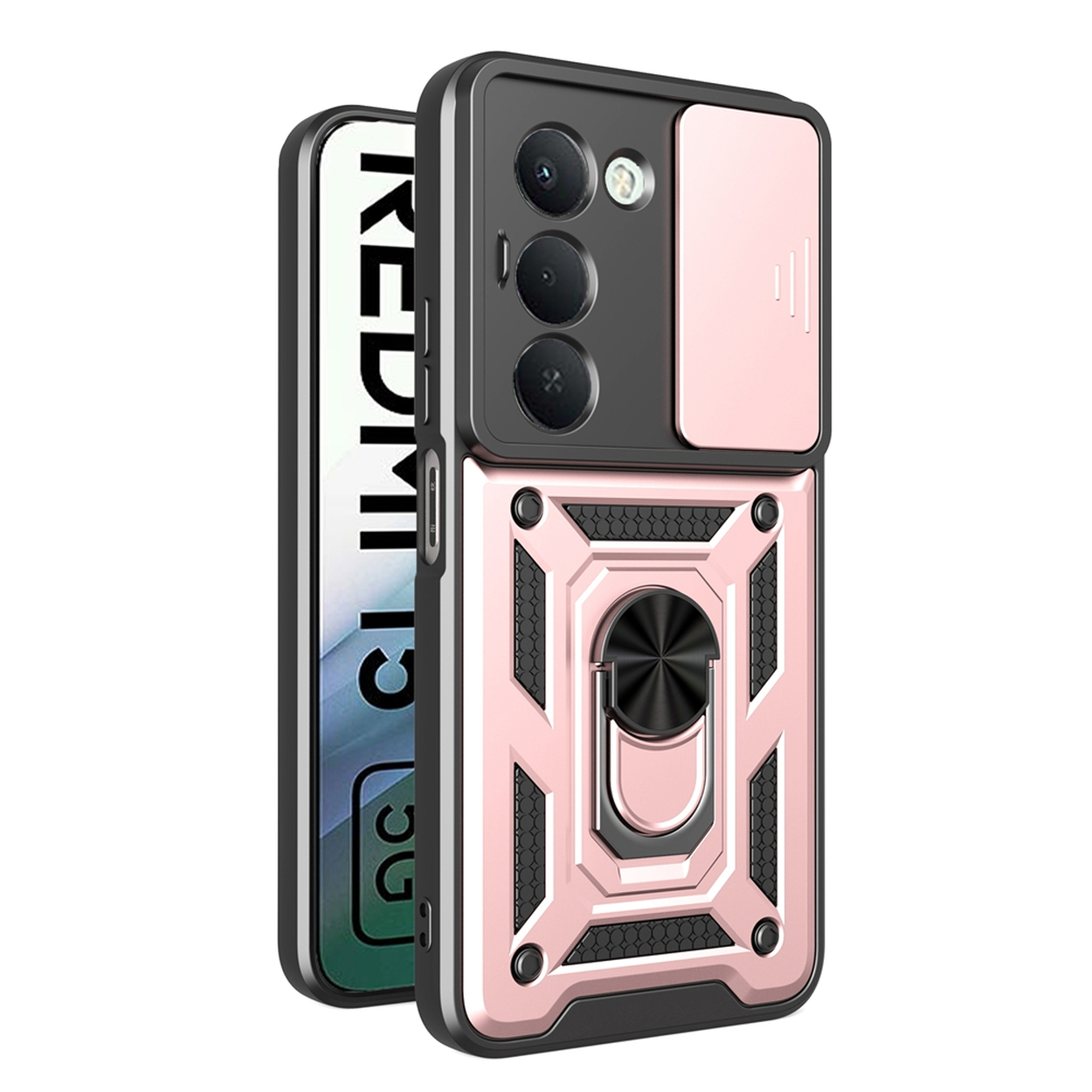Een telefoonhoesje met een roze en zwart ontwerp. Het heeft een ringhouder en camerabescherming.