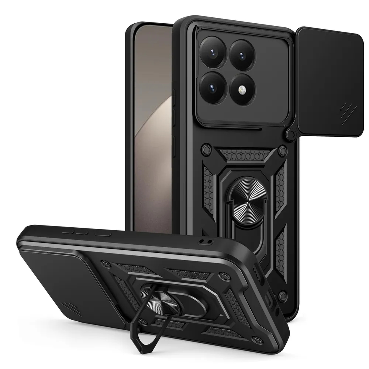 Zwarte telefoonhoesjes met camerabescherming en een ringhouder. De case is schuin, met details van het ontwerp. Witte achtergrond.