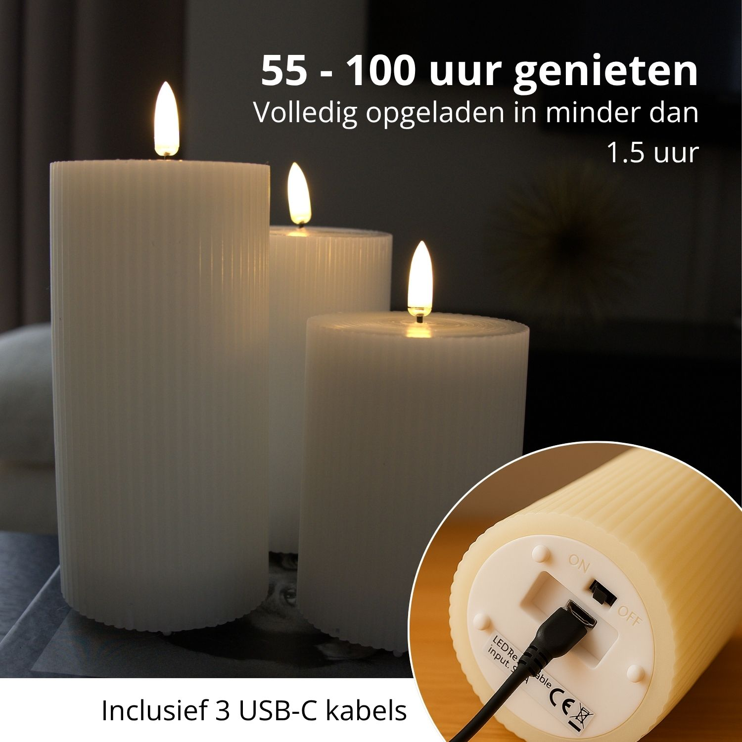 Drie witte LED-kaarsen met flikkerende vlammen. Een close-up toont een USB-C-kabel en de oplaadpoort.