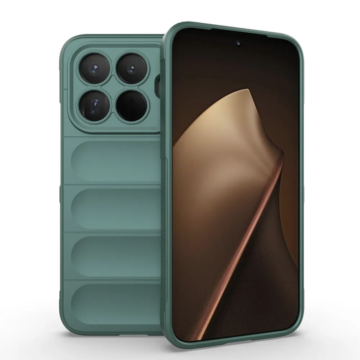 Twee groene smartphones. Eén toont een bruin abstract ontwerp, de andere de achterkant met vier cameralenzen.