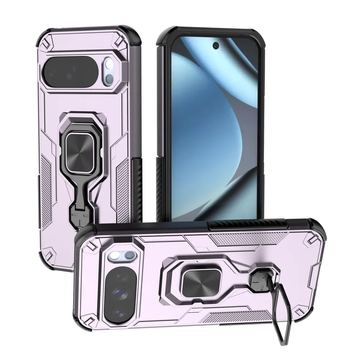 Drie telefoonhoesjes: roze, zwarte rand, ringhouder en camera-uitsparing. Eén toont een telefoonscherm. Geïsoleerd op wit.