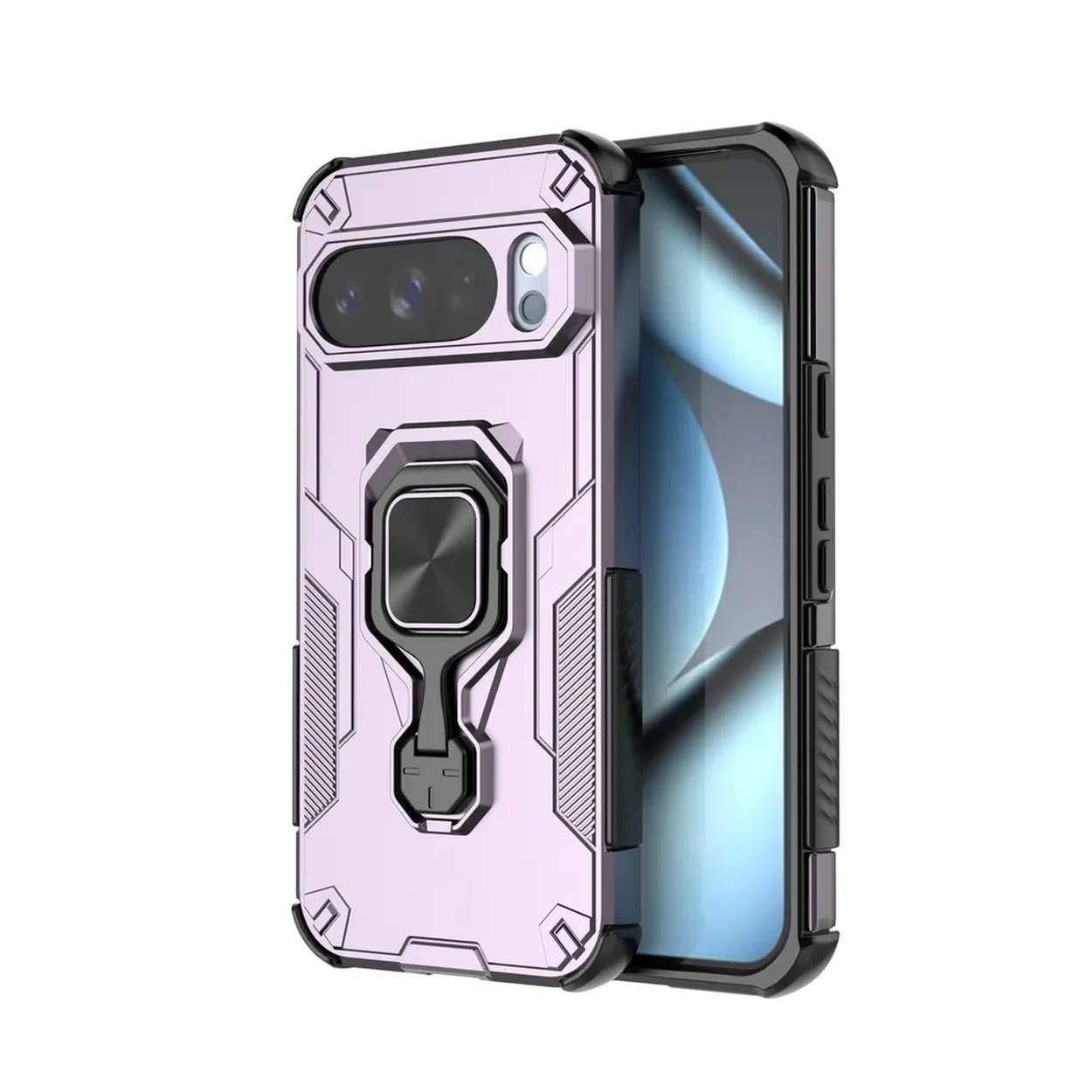 Een telefoonhoesje met een metalen ringhouder. De hoes is roze-paars. Het telefoonscherm is zichtbaar, met een zwart frame.