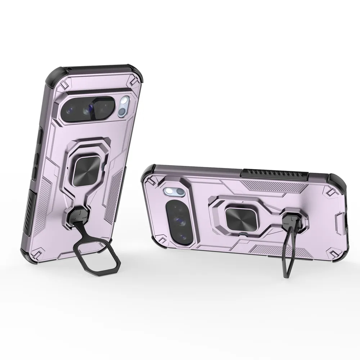 Twee beschermhoezen voor telefoons, lichtpaars met zwarte randen. Eén rechtop, de ander liggend, beide met ringhouders.