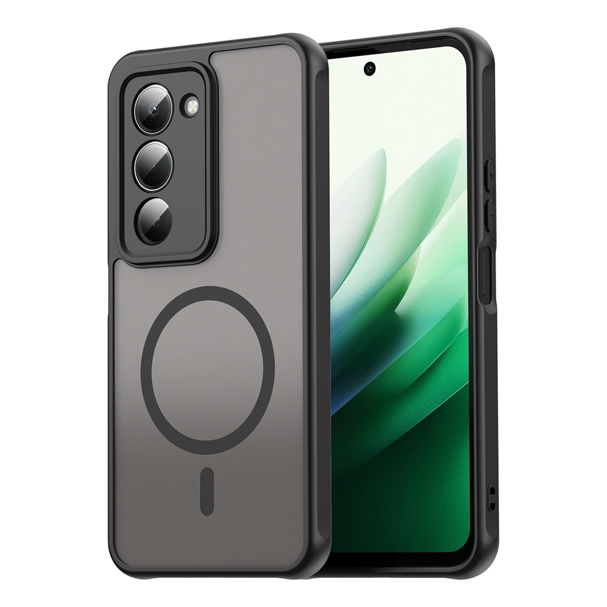 Een telefoon in een zwarte hoes. De hoes heeft een doorzichtige achterkant met een cirkelvormig ontwerp en drie cameralenzen.