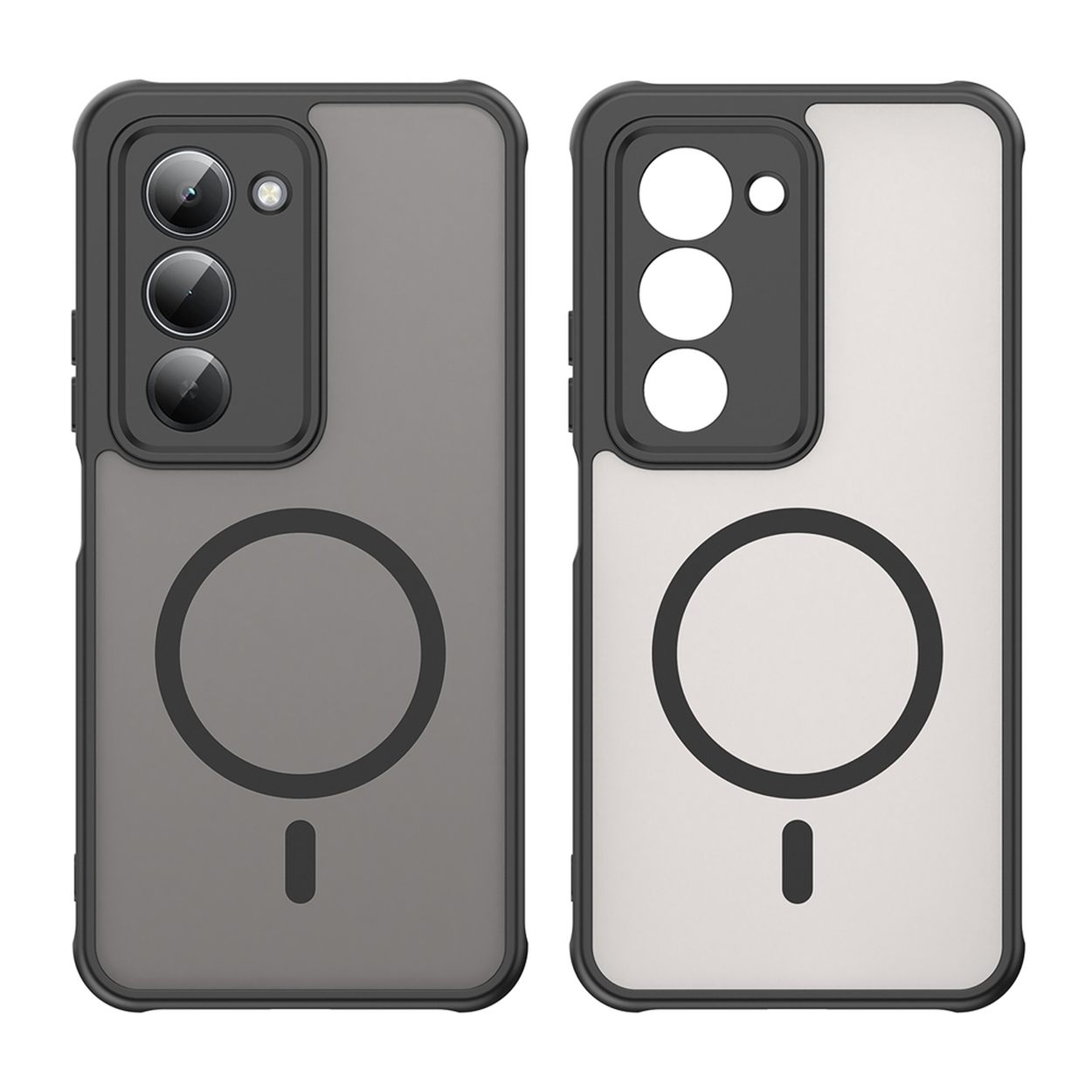Twee telefoonhoesjes. Eén grijs, één wit. Beide hebben zwarte cameragebieden, een cirkel en een klein rechthoekje onderaan.