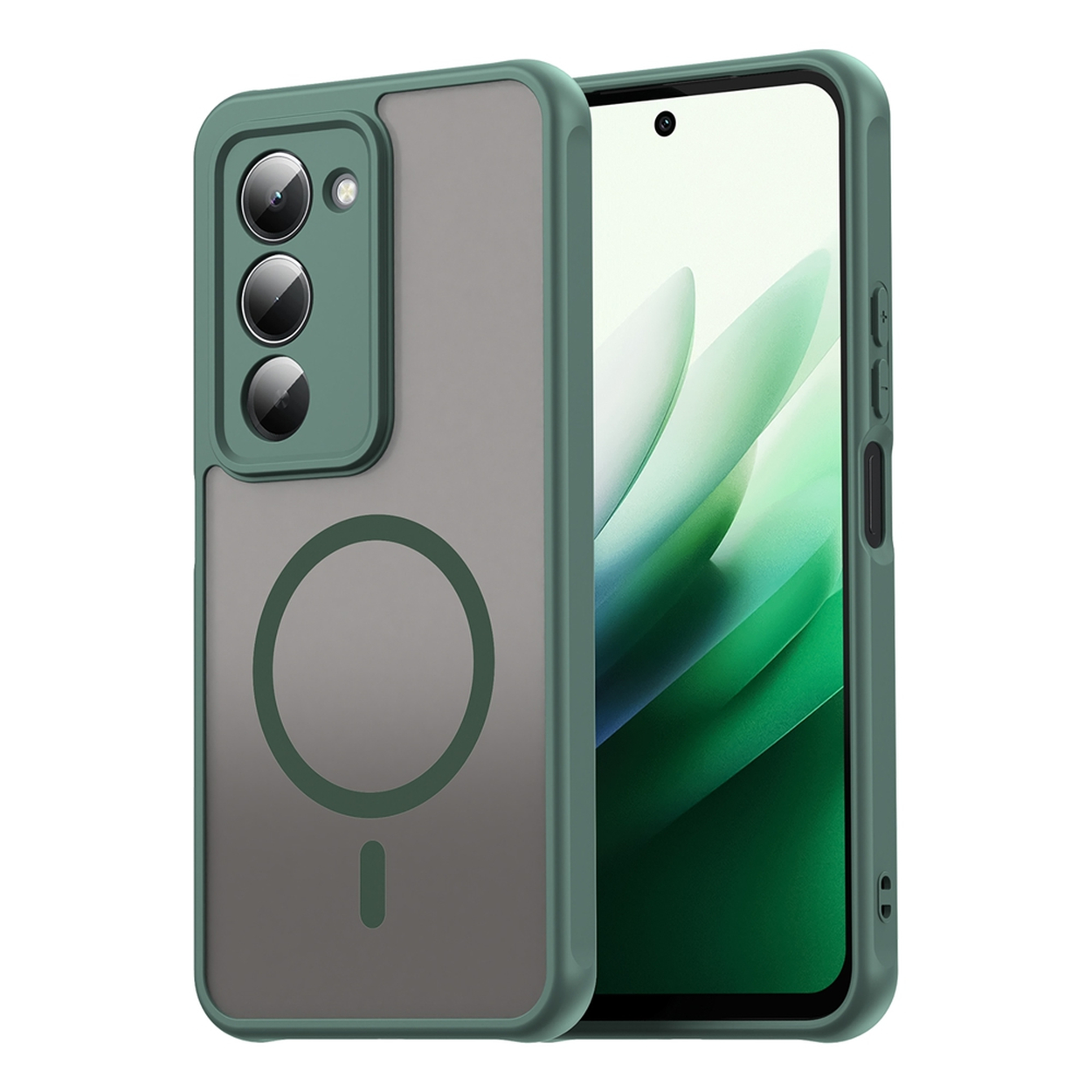 Coque de téléphone verte avec dos gris et design circulaire. L'écran affiche un motif abstrait vert et blanc.