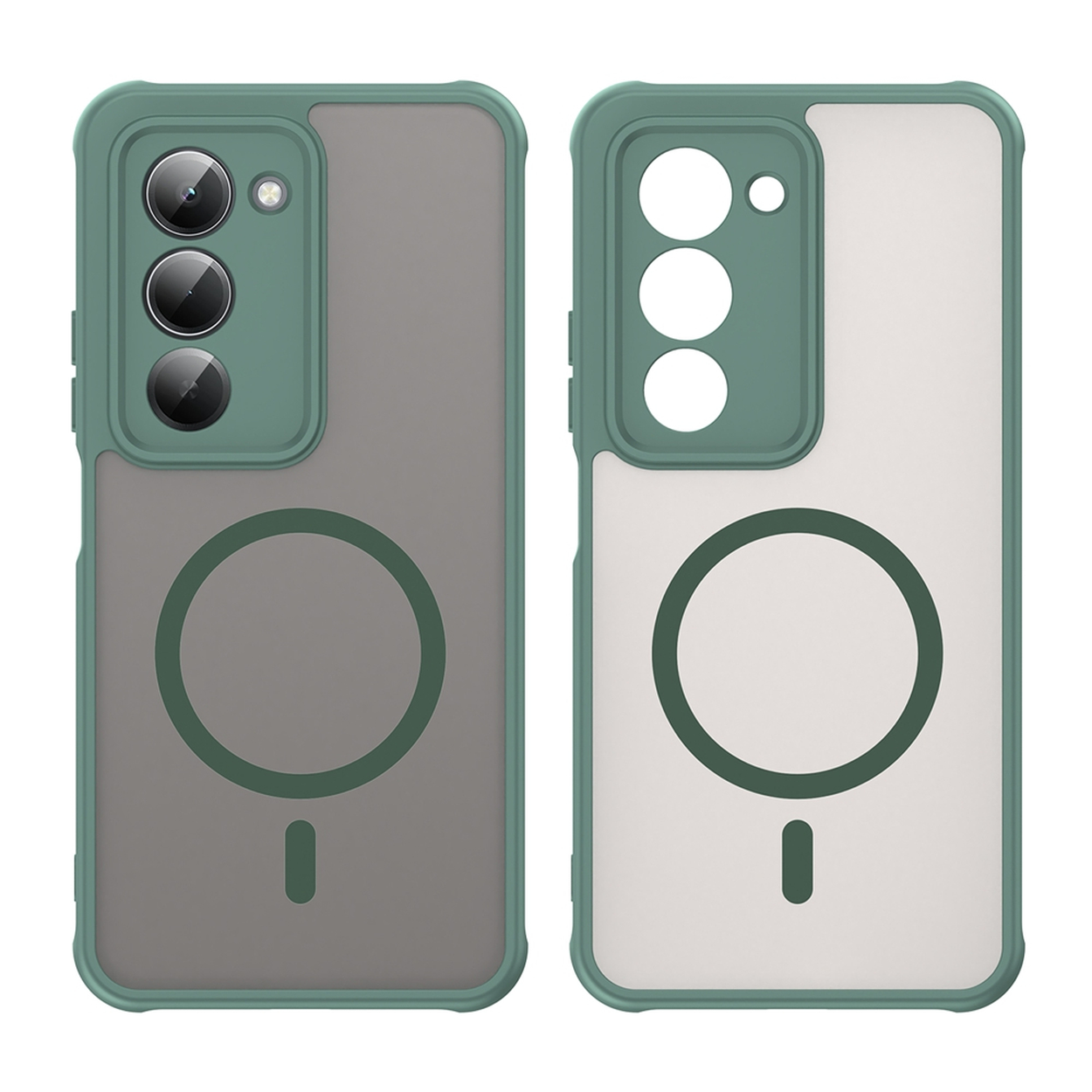 Deux coques de téléphone. Une grise, une blanche. Les deux ont des bordures vertes, des découpes pour l'appareil photo et un design magnétique circulaire.