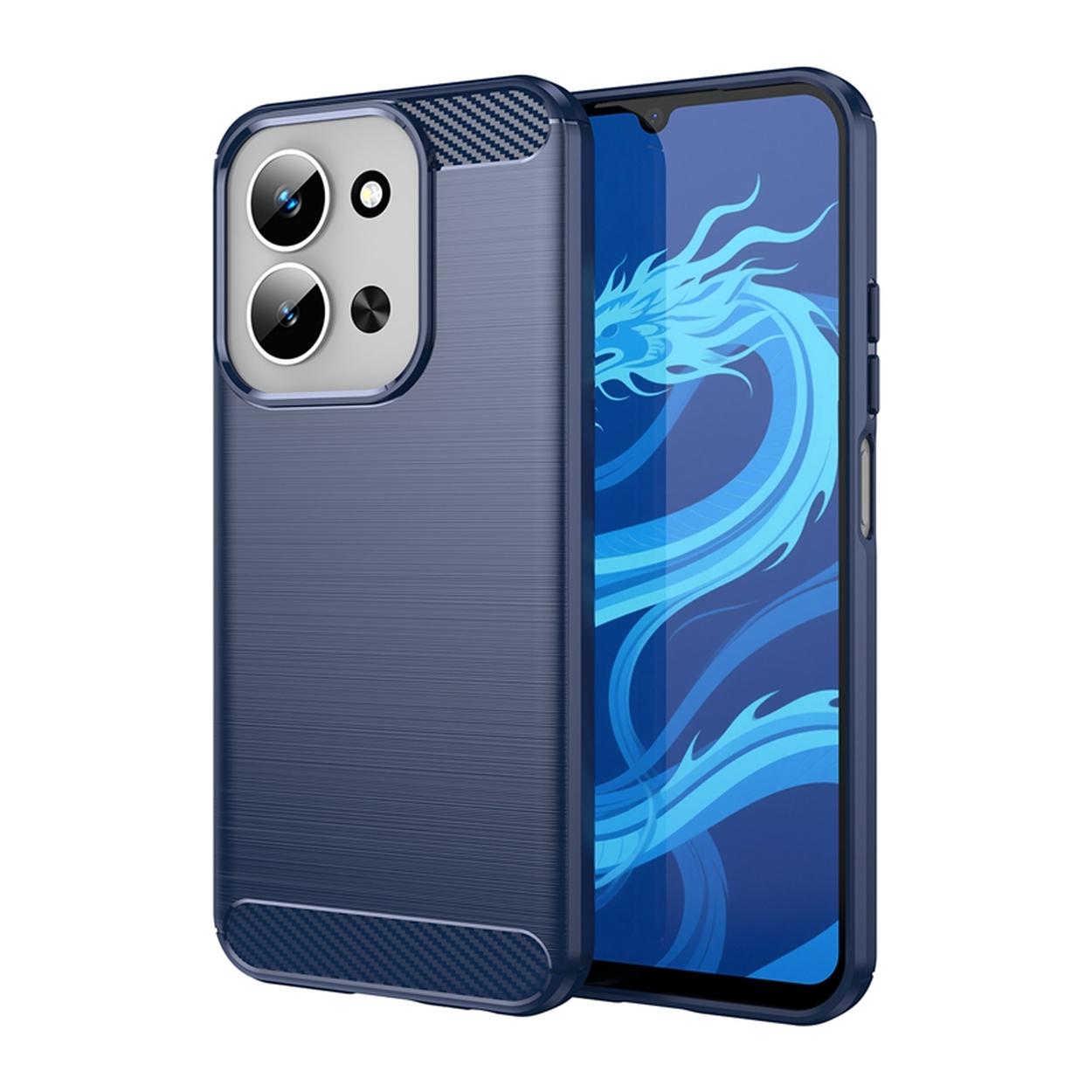 Une coque de téléphone bleu foncé à côté d'un téléphone avec un fond d'écran de dragon bleu.