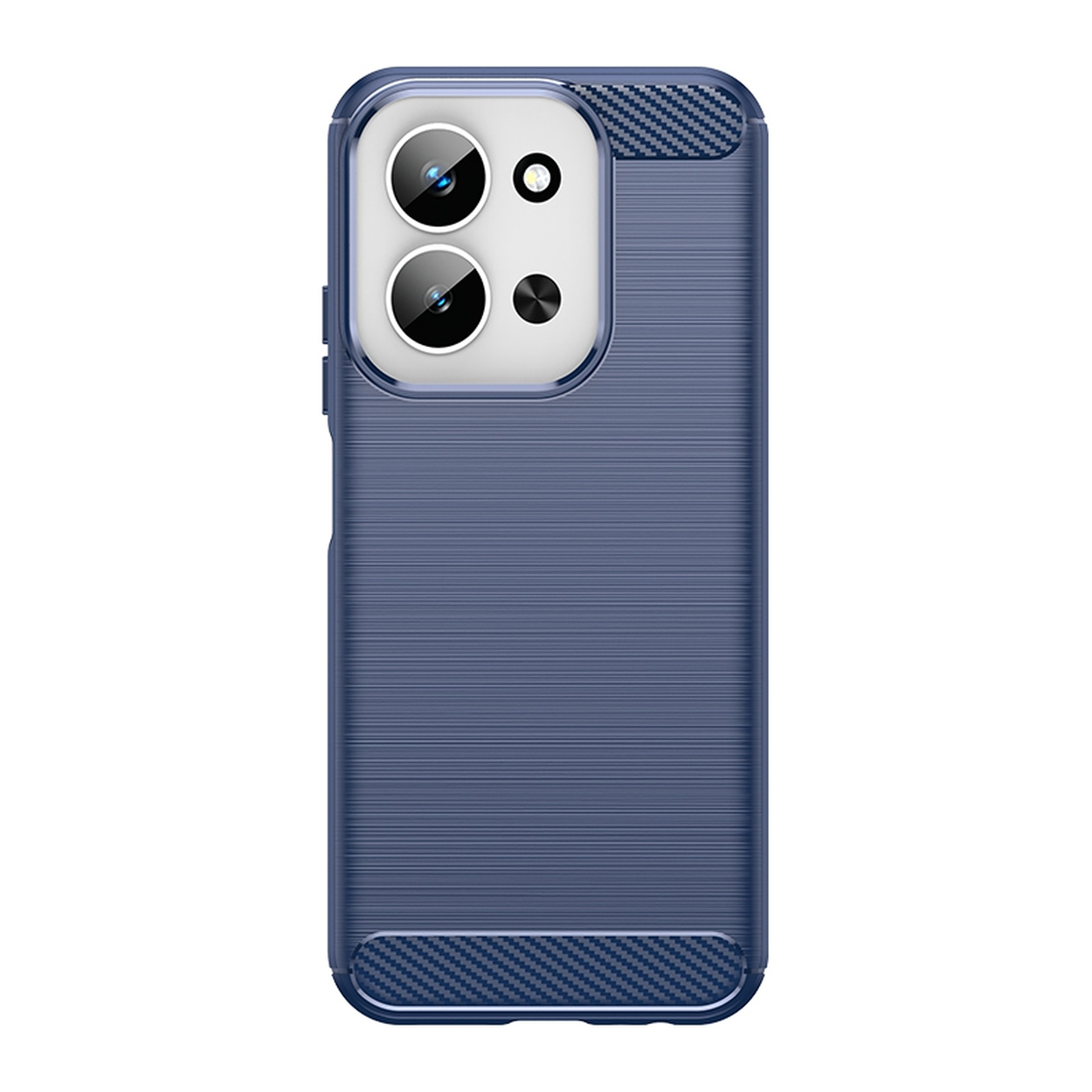 Coque de téléphone bleue avec module caméra. Elle a une surface texturée et des accents en fibre de carbone en haut et en bas.