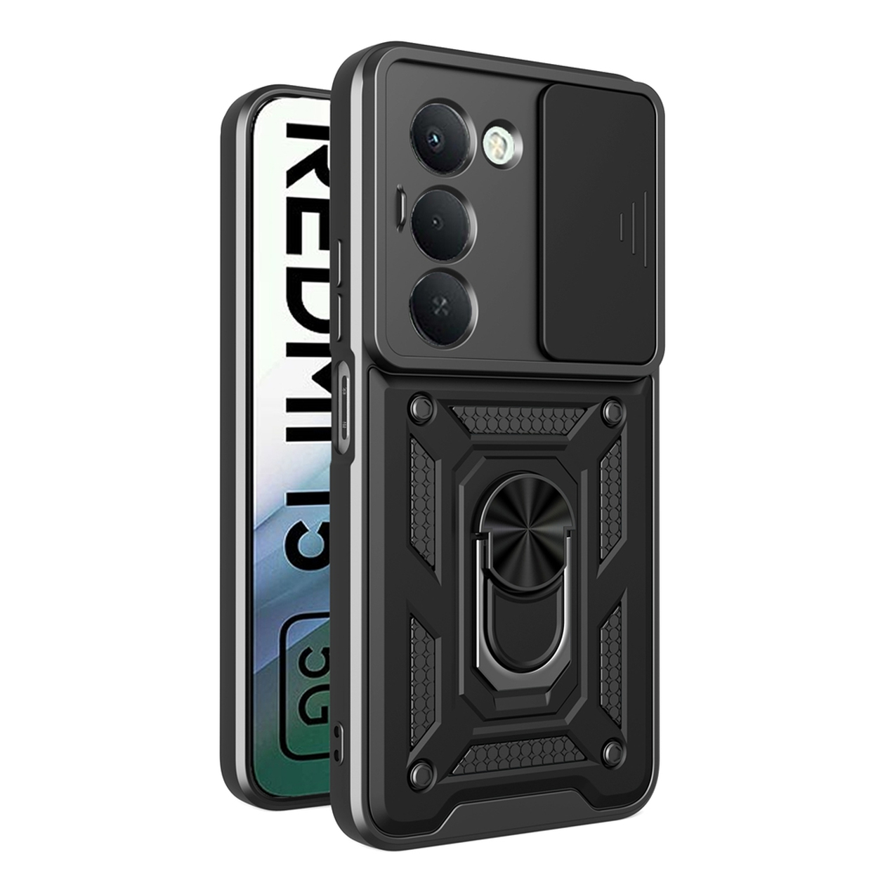 Een zwarte telefoonhoes met camerabescherming en ringhouder. De telefoon is een Redmi 13C model. De hoes is zwart en duurzaam.