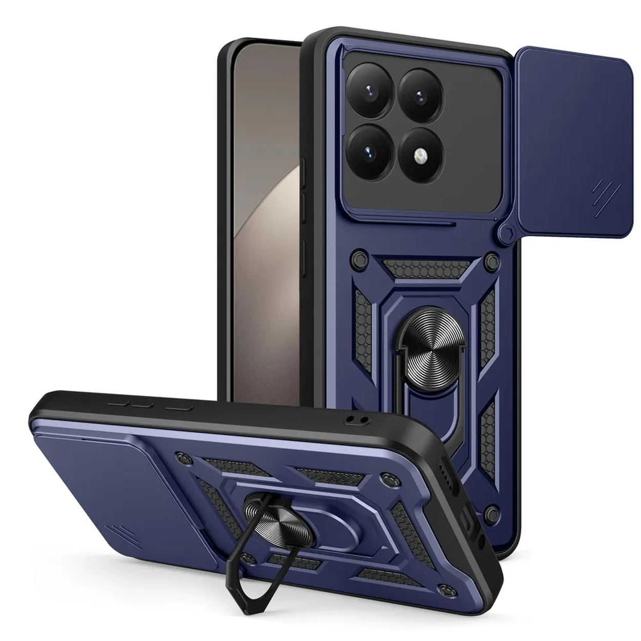 Trois étuis de téléphone : un debout, un couché et un partiellement ouvert. Ils sont bleus et noirs, avec un support d'anneau.
