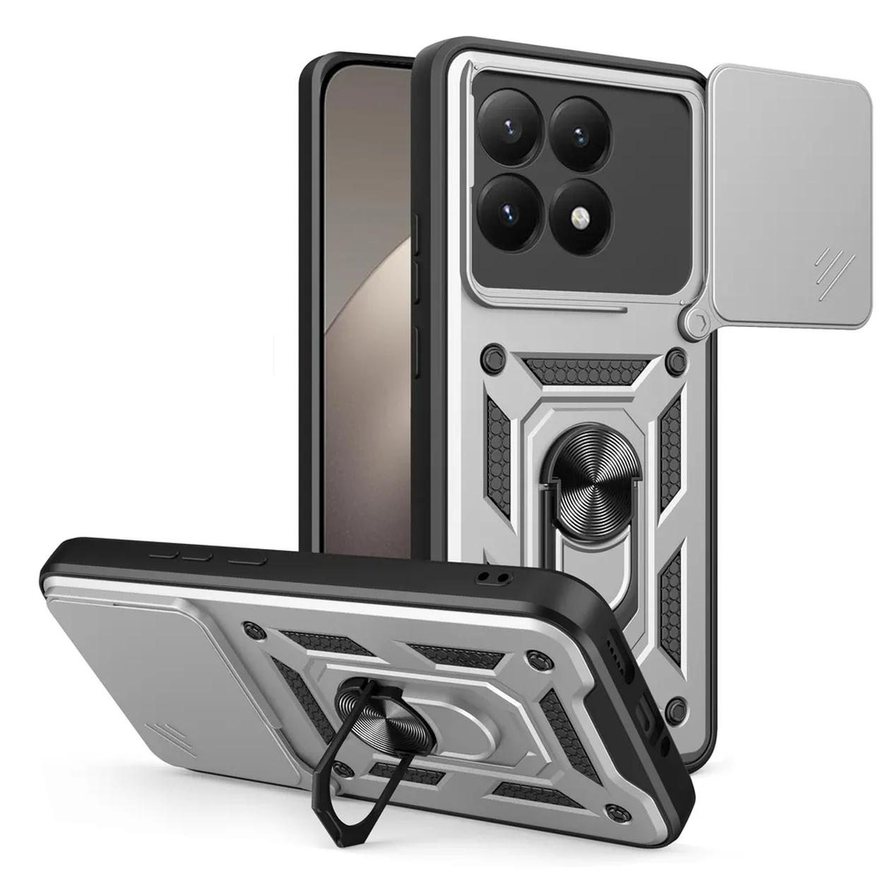 Coque de téléphone argent et noir avec cache caméra coulissant et anneau. Deux coques, une en angle, sur fond blanc.