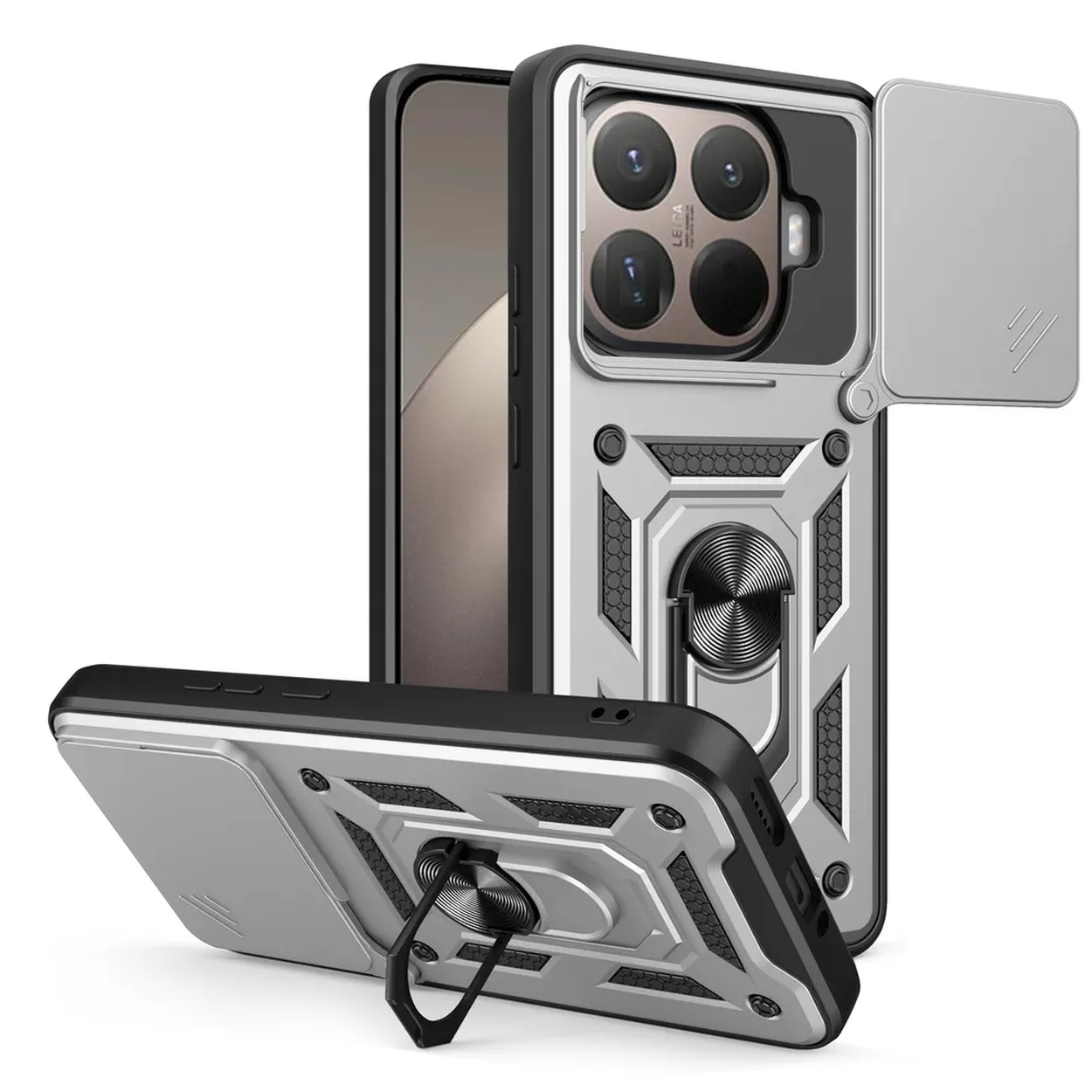 Drie telefoonhoesjes worden getoond. Elke zilveren hoes heeft een ingebouwde camerahoes, een ringhouder en een zwart frame.