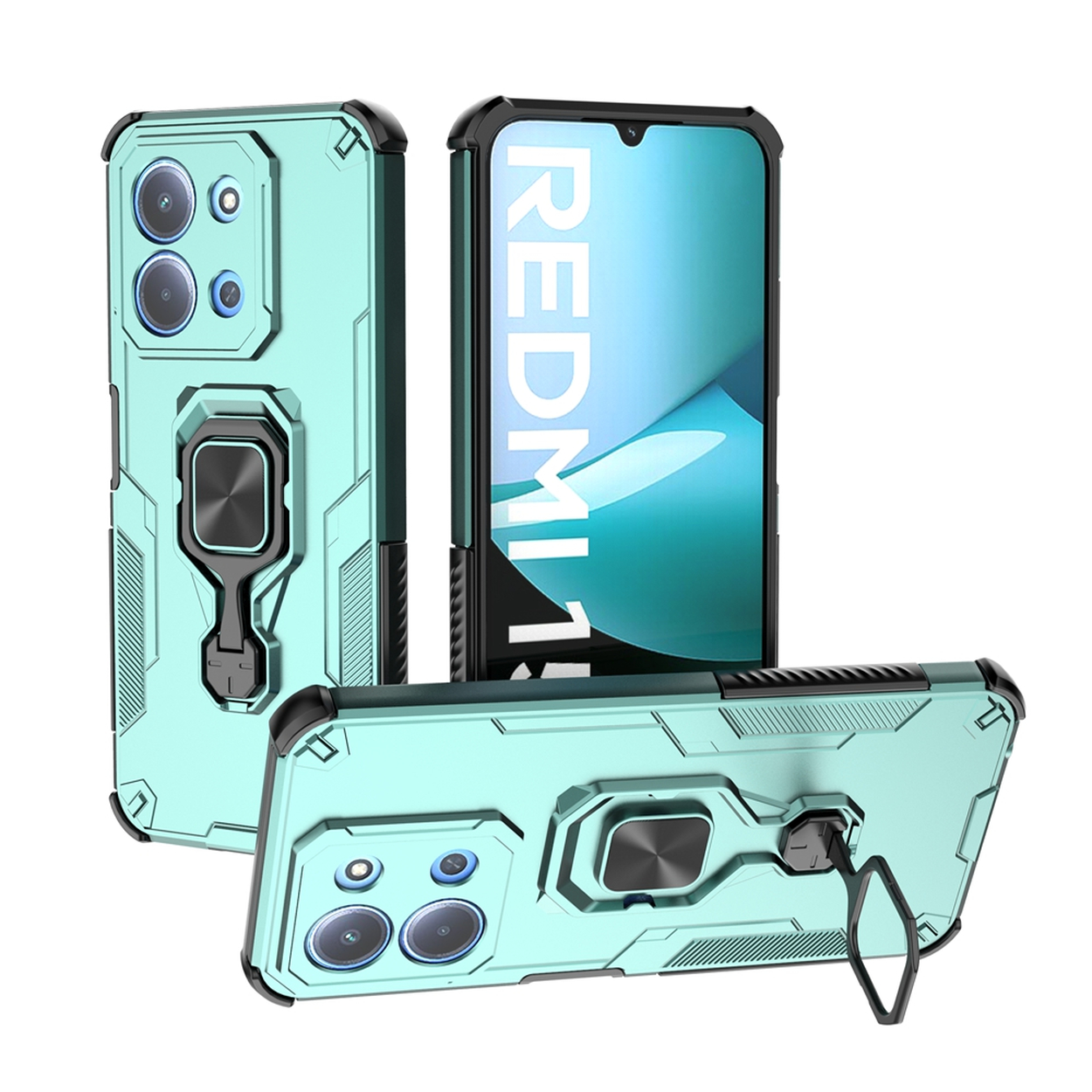Drie telefoonhoesjes: twee turquoise en één zwarte. Het scherm toont "REDMI 1". Hoesjes hebben ringhouders en camera-uitsparingen.