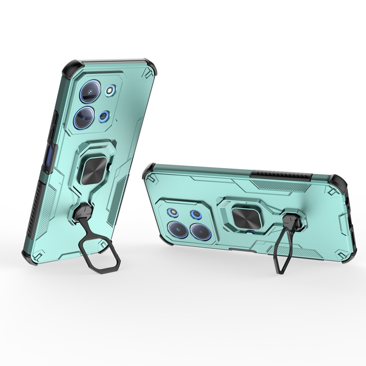 Twee blauwgroene telefoonhoesjes met zwarte accenten. Eén staat rechtop, de andere ligt. Beide hebben een ringhouder.