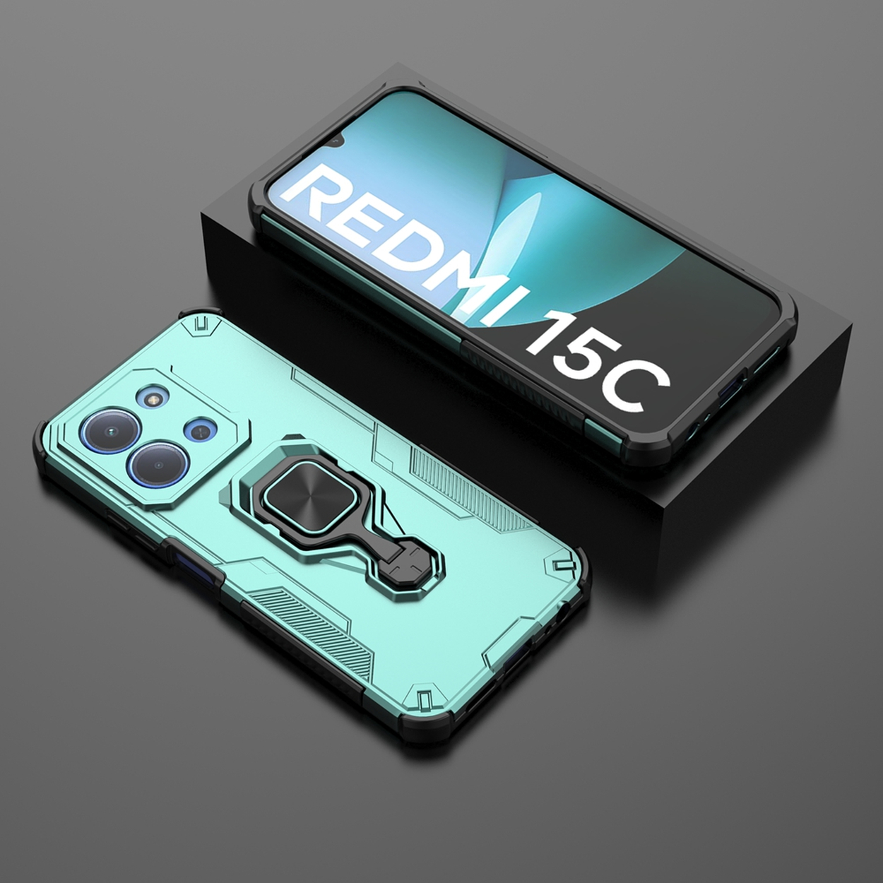 Twee telefoonhoesjes. Eén in aquamarijn met een ringhouder, en de andere toont 'REDMI 15C' op een scherm, in een zwarte doos.
