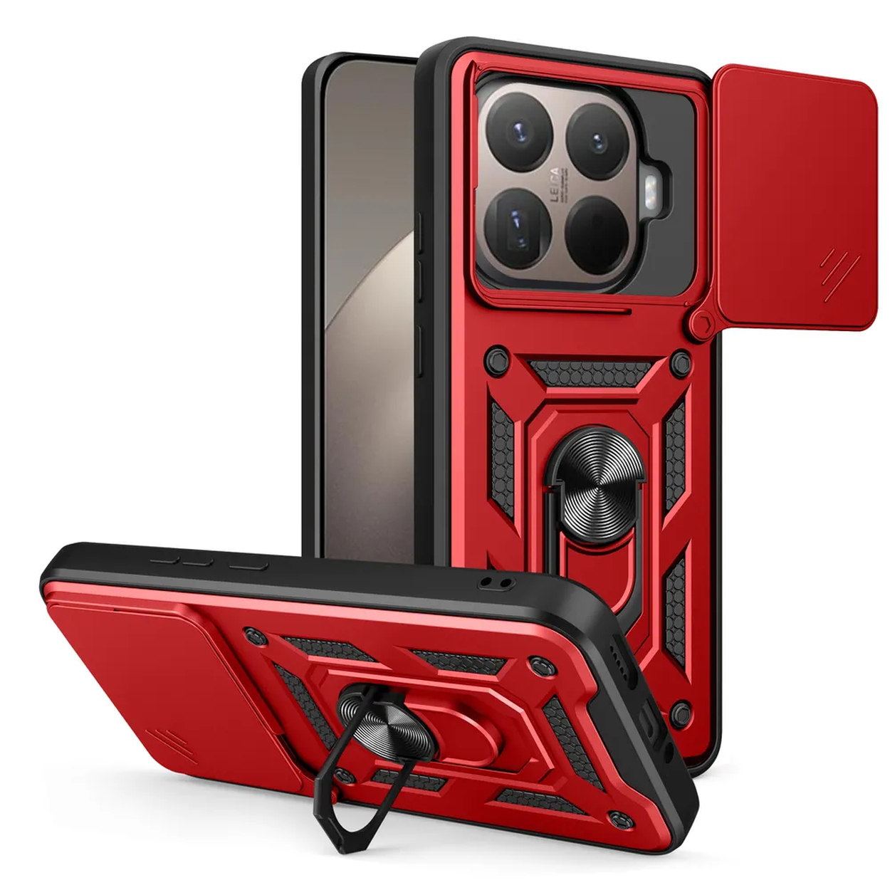 Étuis de téléphone rouges et noirs avec protection d'appareil photo et supports d'anneau. L'un est couché. L'autre est debout. Le fond est blanc.