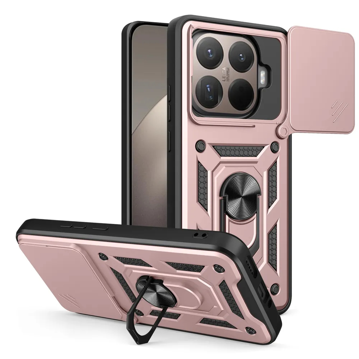 Roségouden telefoonhoesje met cameralensafdekking en ringhouder. Zwarte accenten en geometrisch ontwerp.