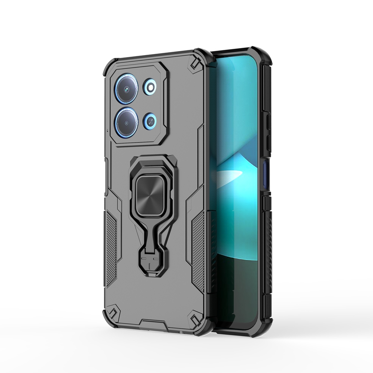 Une coque de téléphone grise et noire avec un téléphone à l'intérieur. La coque a un support en anneau et des découpes pour l'appareil photo. Fond blanc.