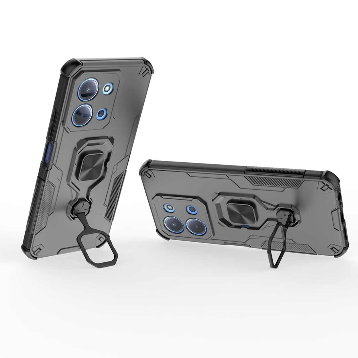 Deux coques de téléphone grises avec des supports à anneau. L'une est debout, l'autre est couchée. Les deux ont des bosses de caméra et un anneau noir.