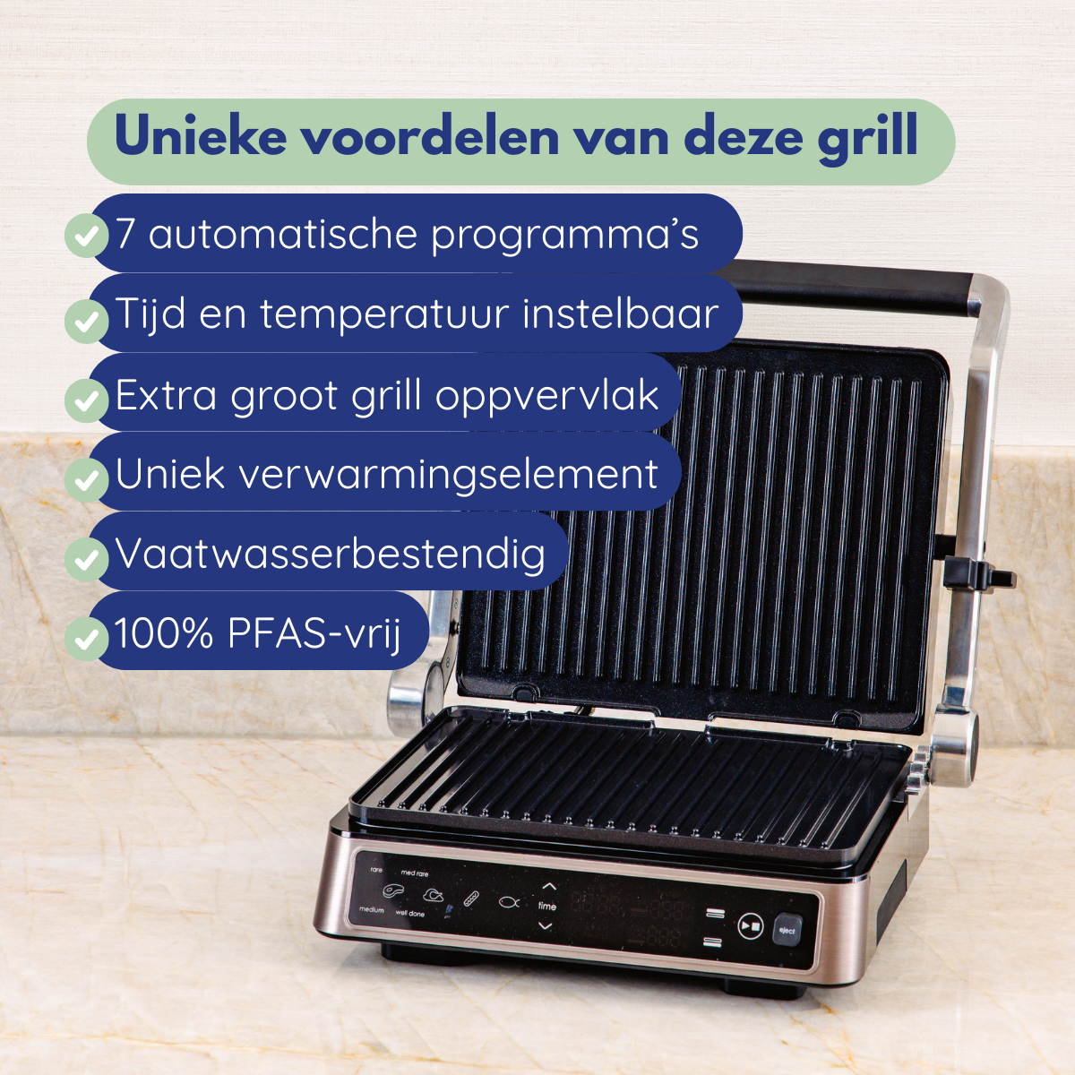 A modern grill with an open lid, showing the grilling surface. Text in Dutch lists features like automatic programs and dishwasher safe.