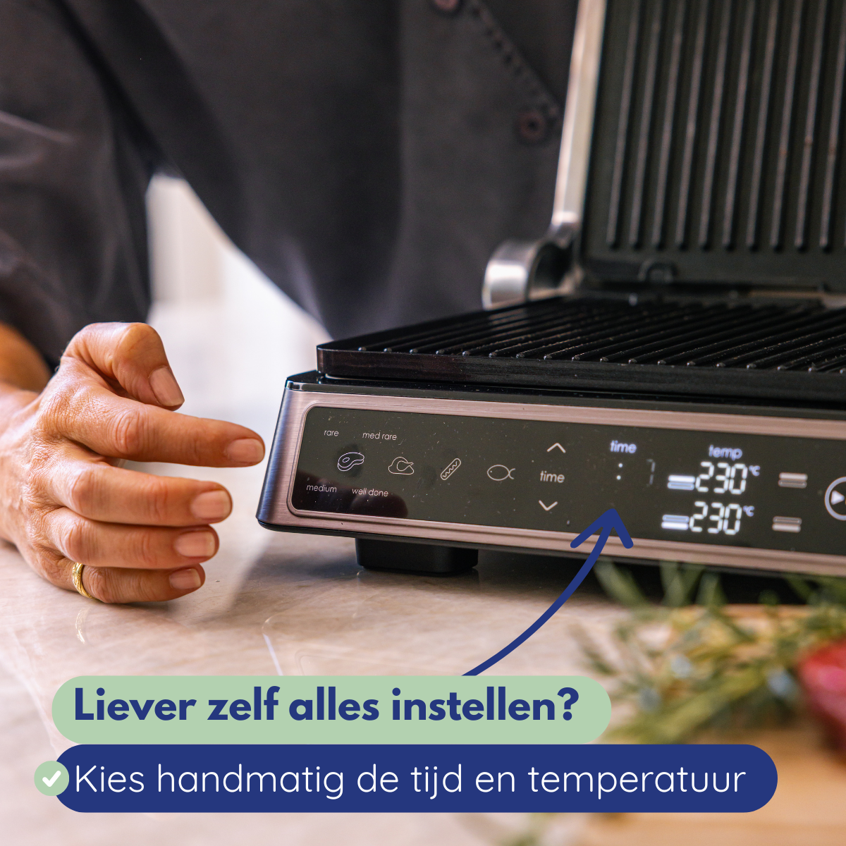 A person's hand near a grill, pointing at the control panel. The panel displays time and temperature settings. Text says: Set time and temperature manually.