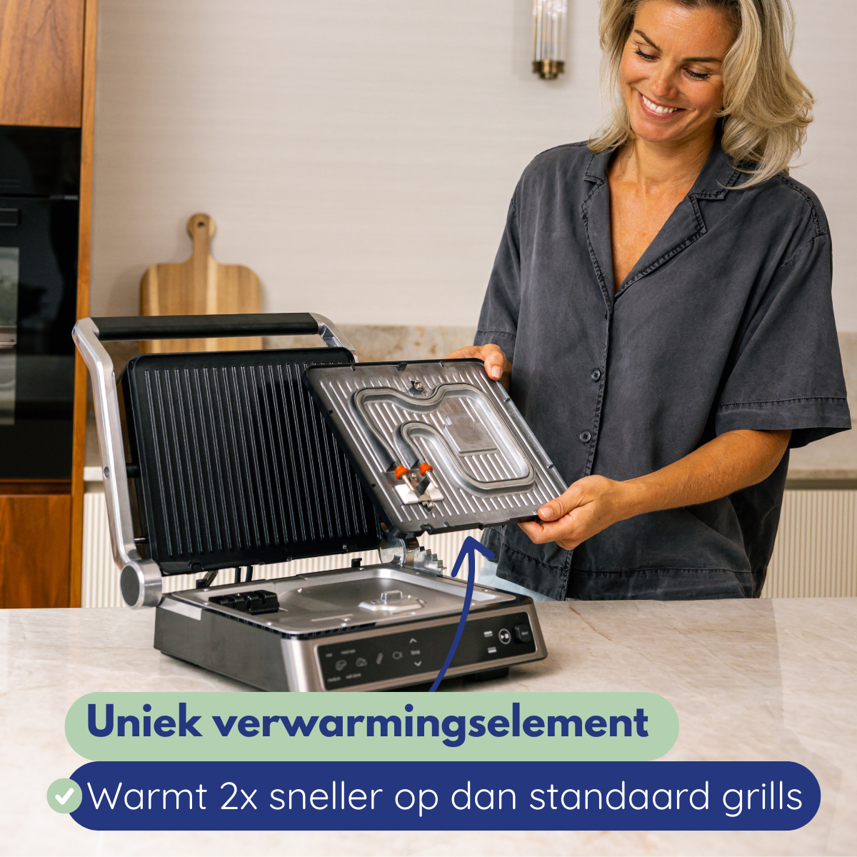 A woman holds a grill plate. A new grill is shown with the heating element. Text states: 'Unique heating element'.