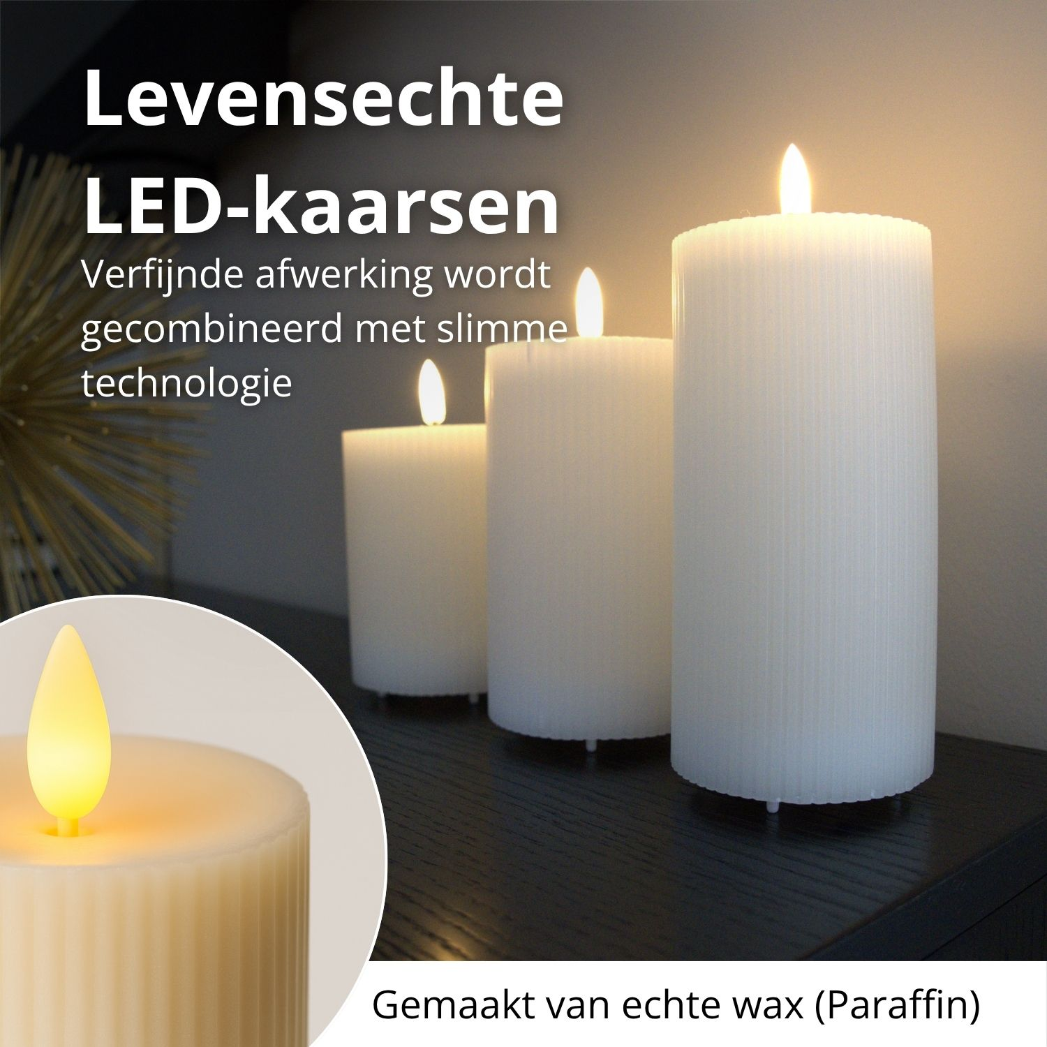 Drie witte LED-kaarsen met flikkerende vlammen op een donker oppervlak. De tekst zegt 'LED-kaarsen' en 'gemaakt van echte was'.