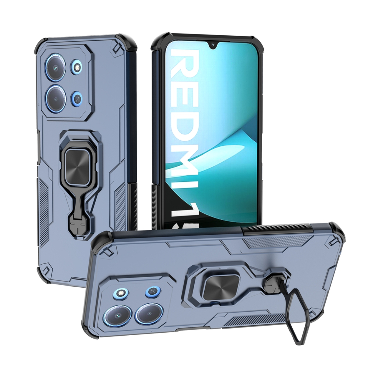 Drie telefoonhoesjes: twee blauw, één met een telefoon met een blauwe en witte afbeelding. Allemaal hebben ze een metalen ring en camera-uitsparingen.