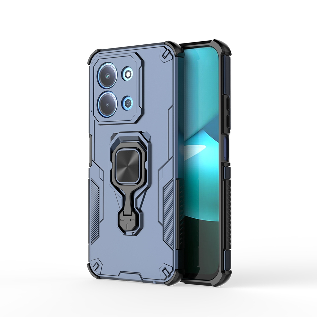 Een blauwe telefoonhoes met een zwart frame en een ringhouder. Het telefoonscherm is zichtbaar. De achtergrond is wit.
