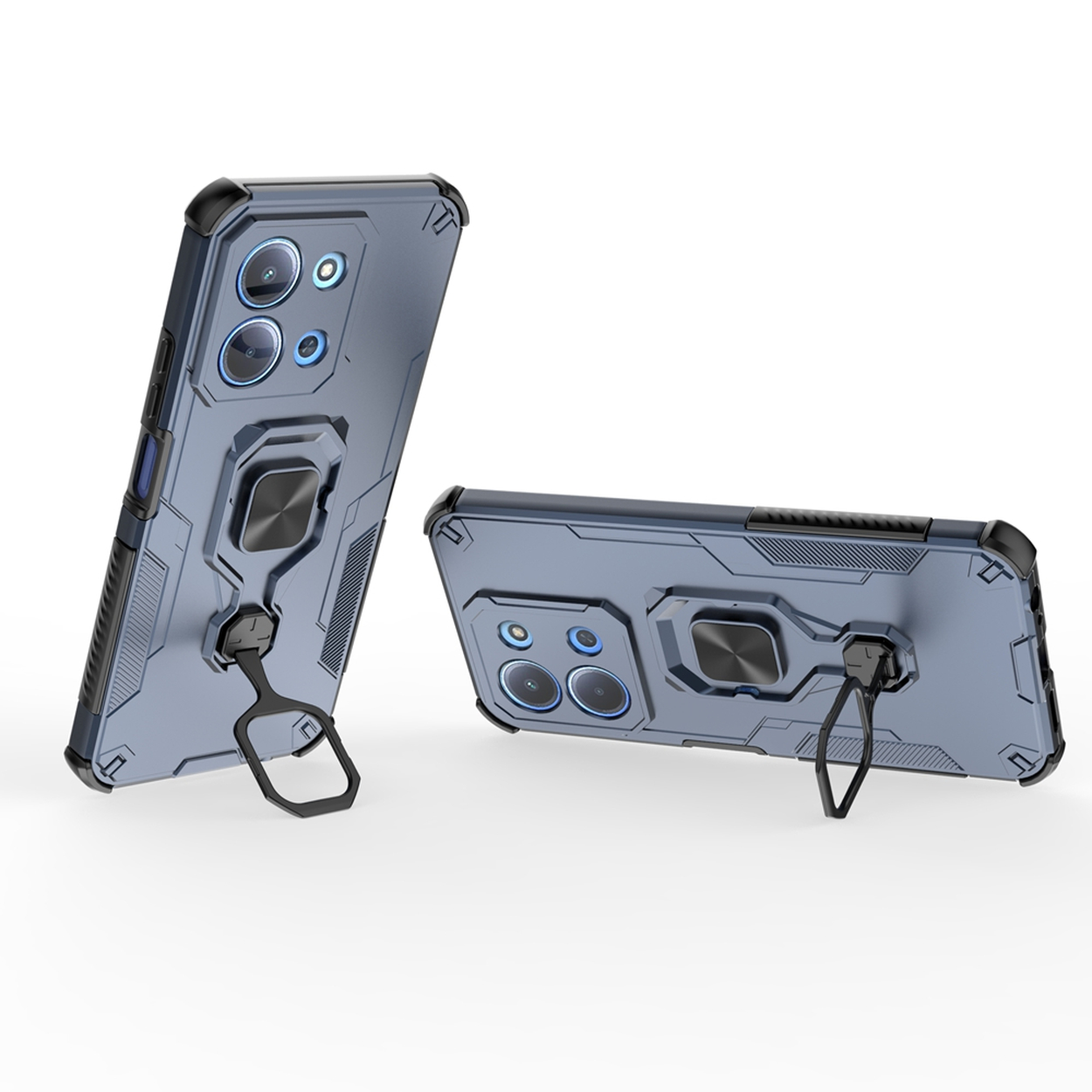 Twee blauwe telefoonhoesjes met ringhouders. Eén staat rechtop, de andere ligt plat. Beide hebben zwarte accenten en een witte achtergrond.