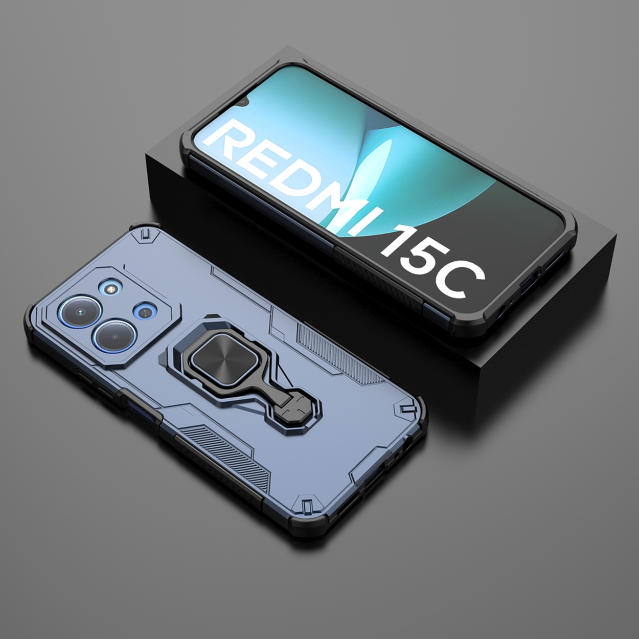 Twee telefoonhoesjes, een zwart met 'Redmi 15C' op het scherm, de andere blauw. Beide op een zwart oppervlak.
