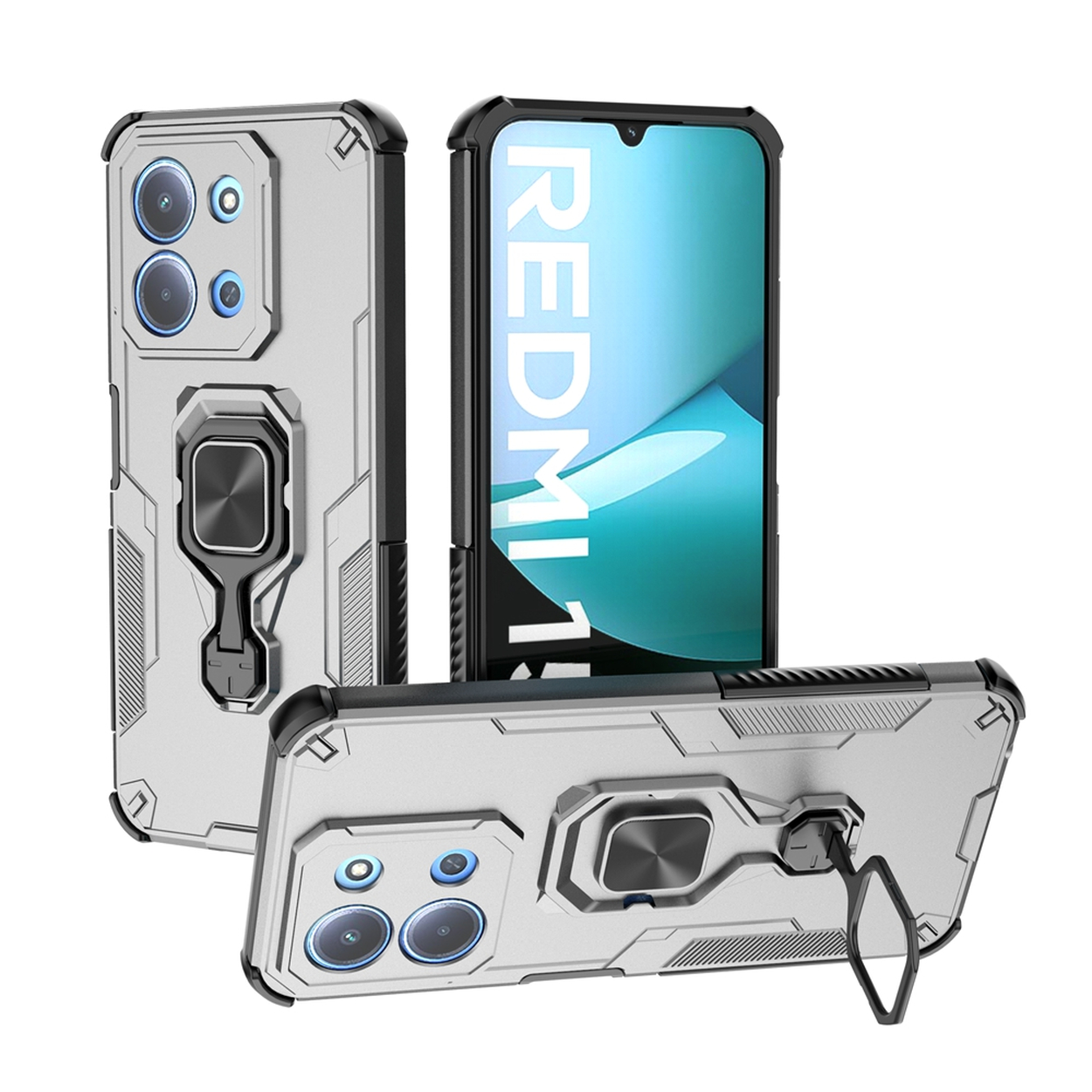 Drie zilveren telefoonhoesjes met zwarte accenten. Eén houdt een telefoon vast met 'REDMI 11' op het scherm. Hoesjes hebben camera-uitsparingen en ringhouders.