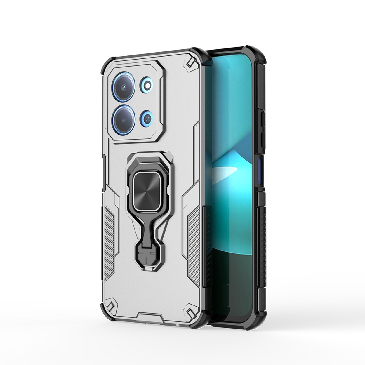 Een smartphone in een zilveren en zwarte beschermhoes met een ringhouder. Het scherm toont een blauw en wit beeld.
