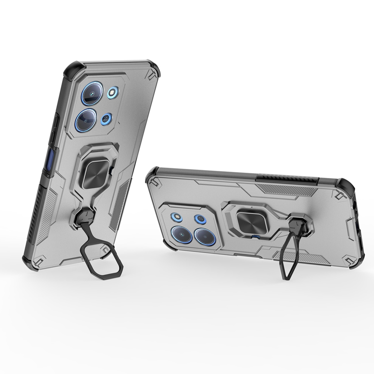 Twee grijze telefoonhoesjes, één rechtop, één plat. Elk heeft een ringhouder en camera-uitsparingen. De achtergrond is wit.