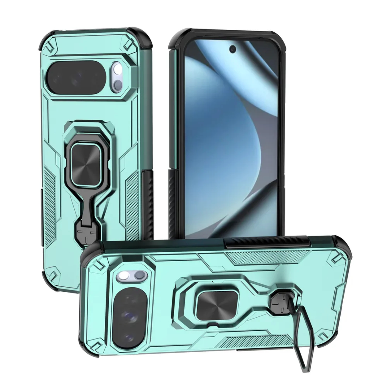 Drie telefoonhoesjes: lichtgroen met zwarte accenten. Eén staat rechtop, twee zijn schuin en alle hebben camera-uitsparingen en ringhouders.